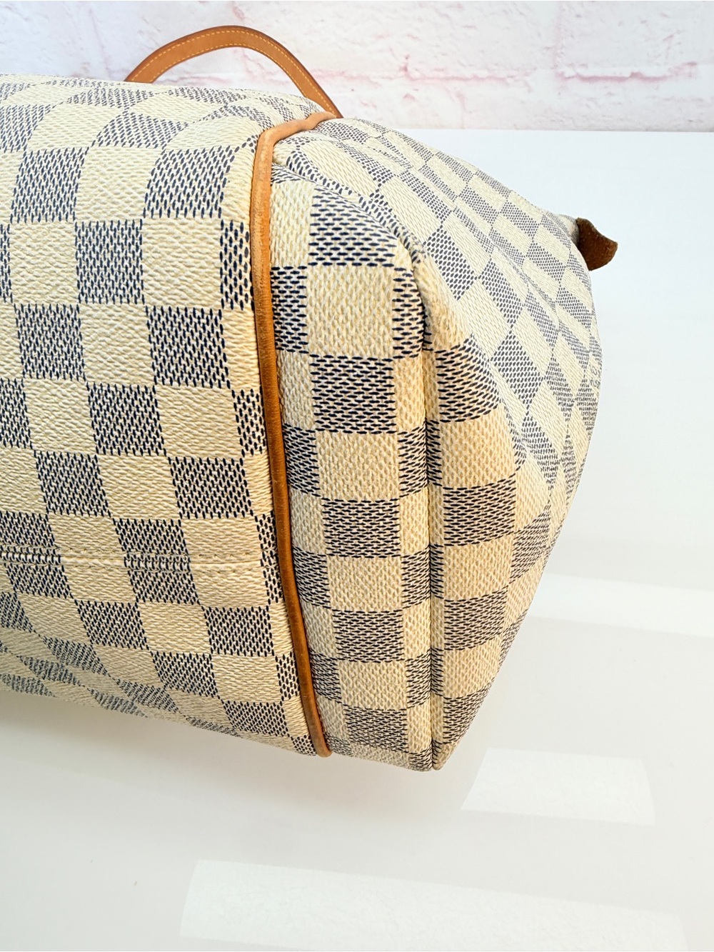 Luxury Checkered Canvas Tote with Tan Leather Straps - Picture 8 of 14